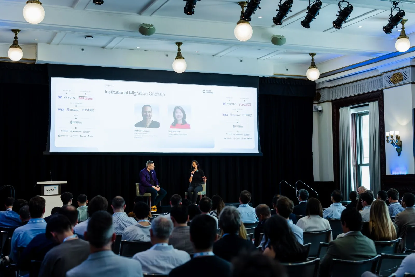 Speakers and audience at the EEA institutional discussion during Vault Summit at the New York Stock Exchange